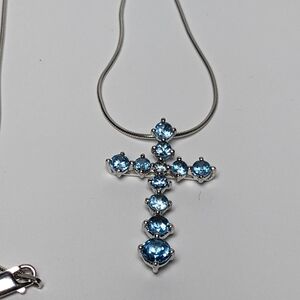 Blue Topaz Cross Pendant Natural Gemstones on 18" Chain Sterling Silver New 925